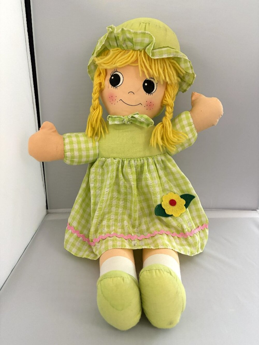 Vintage Doll Sweetie Mine 1990's Rag Doll Blonde Hair Gingham Dress